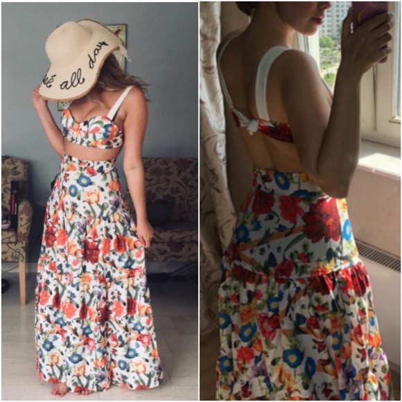 Bohemian gypsy floral print crop top maxi skirt Set - Picture 11 of 12